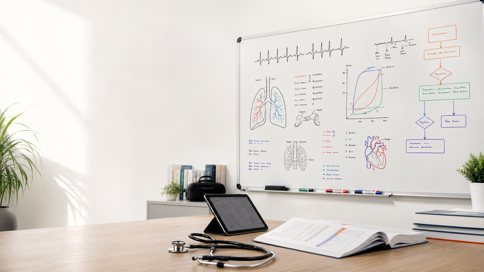 Clinical education workspace with a medical whiteboard, notes, markers, and study materials